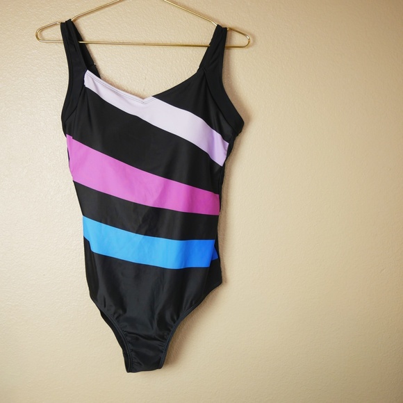 GSW Standard Black Multicolored Striped One-Piece Swimsuit Womens Extra Large - Picture 3 of 7